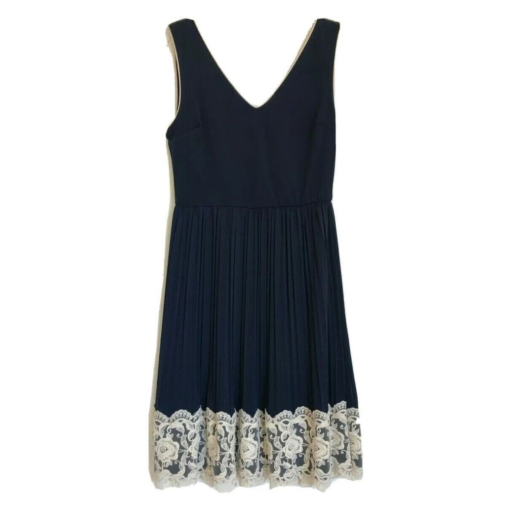 YELLOW STAR Dress Women's Size S Navy Sleeveless Pleated‎ Lace Trim A-Line Lined